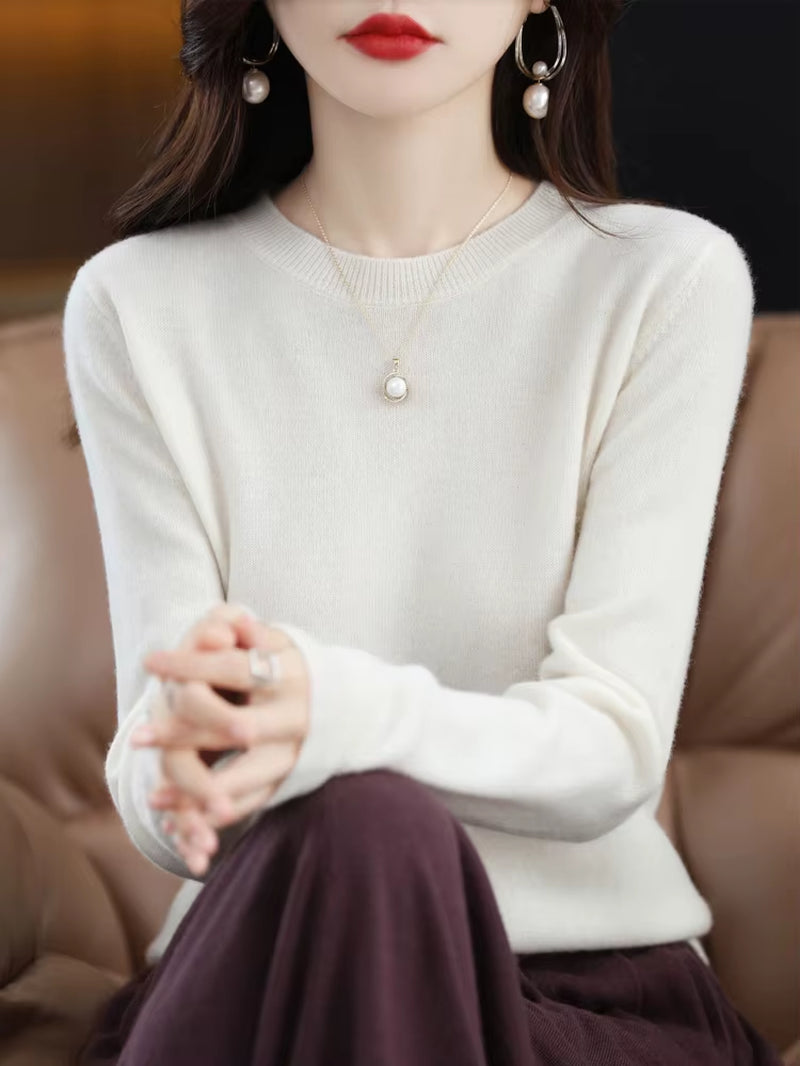 Fashion 100% Merino Wool Women'S Sweater O-Neck Long Sleeve Pullover Spring Autumn Winter Basic Jumper Clothing Knitwear Tops