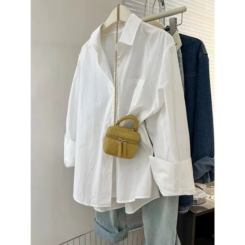 Blue Women'S Shirt Jacket Spring Autumn Loose Long Sleeve Casual Layering Top Small Size Design Sense Pure Color Button Up