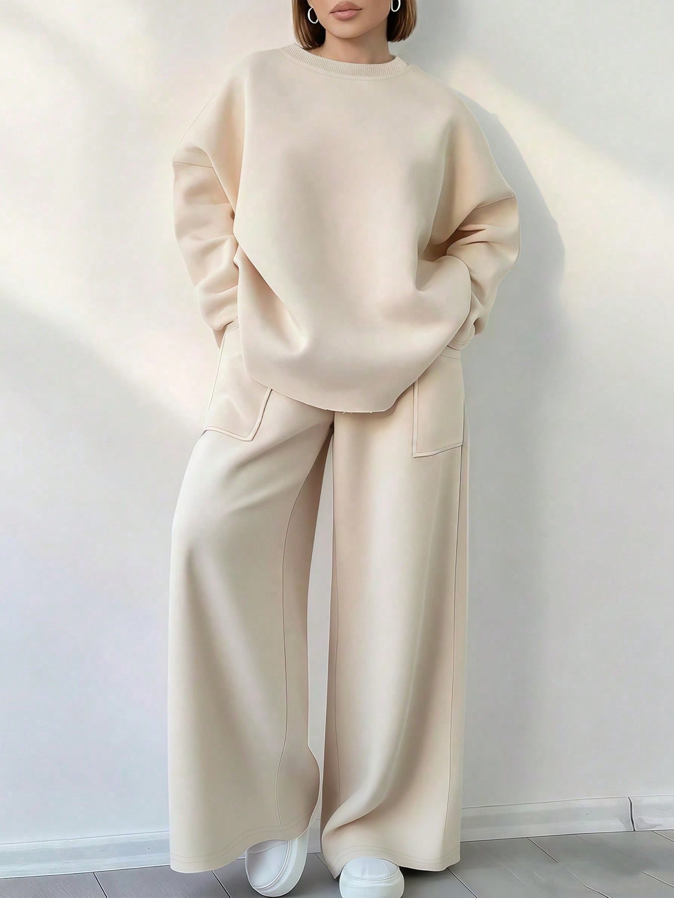 Elevate Your Everyday Style with the EMERY ROSE Plus Size 2-Piece Set: Casual Round Neck Top and Comfy Pants in Khaki