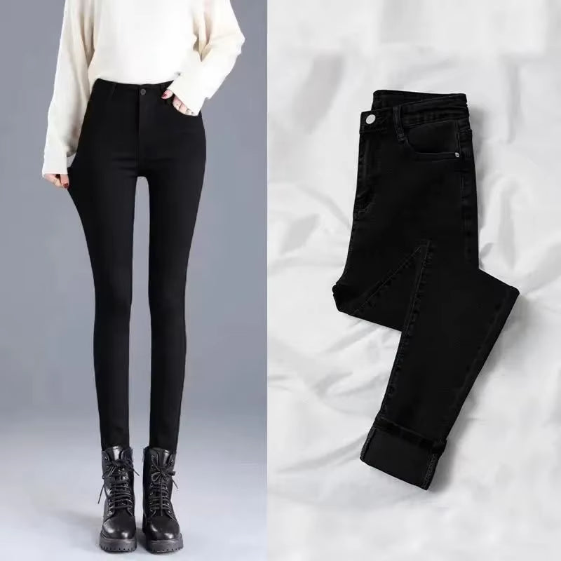 Women'S High Waist Fleece Lined Slim Fit Jeans Elastic Ankle Length Pencil Pants Trendy Spring Autumn Winter New Arrival