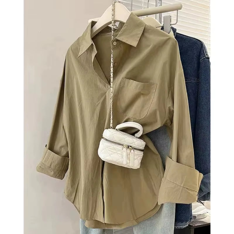 Blue Women'S Shirt Jacket Spring Autumn Loose Long Sleeve Casual Layering Top Small Size Design Sense Pure Color Button Up