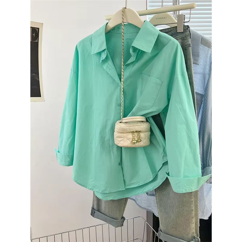 Blue Women'S Shirt Jacket Spring Autumn Loose Long Sleeve Casual Layering Top Small Size Design Sense Pure Color Button Up