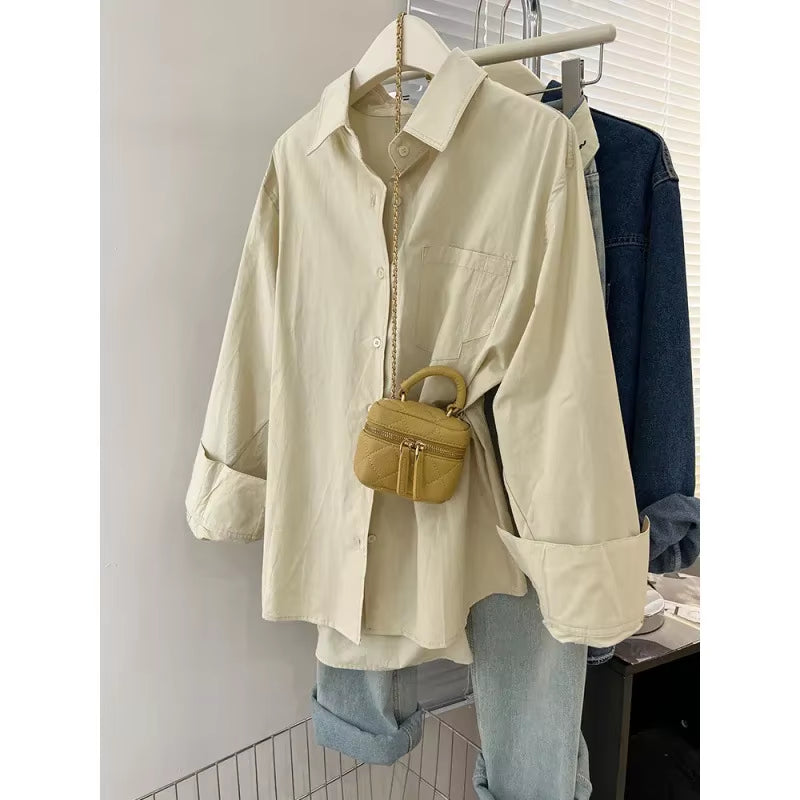 Blue Women'S Shirt Jacket Spring Autumn Loose Long Sleeve Casual Layering Top Small Size Design Sense Pure Color Button Up