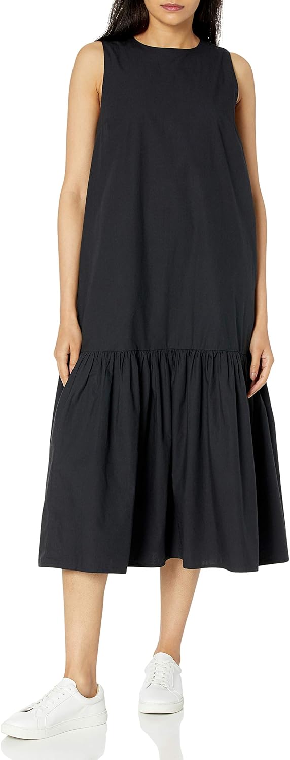 Effortlessly Chic: Womens Ilana Loose Sleeveless Wide-Hem Poplin Maxi Dress in Elegant Black