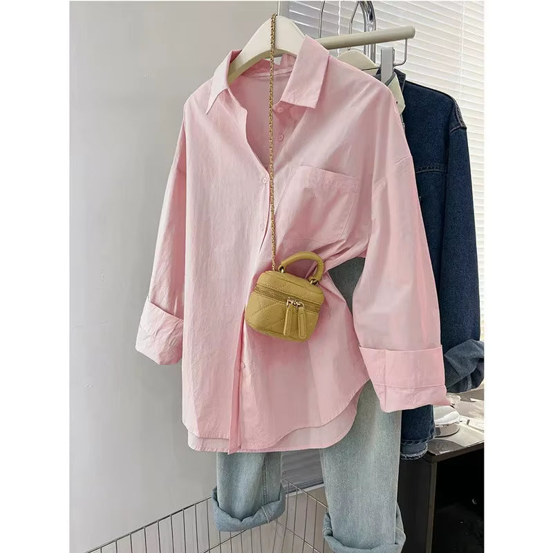 Blue Women'S Shirt Jacket Spring Autumn Loose Long Sleeve Casual Layering Top Small Size Design Sense Pure Color Button Up