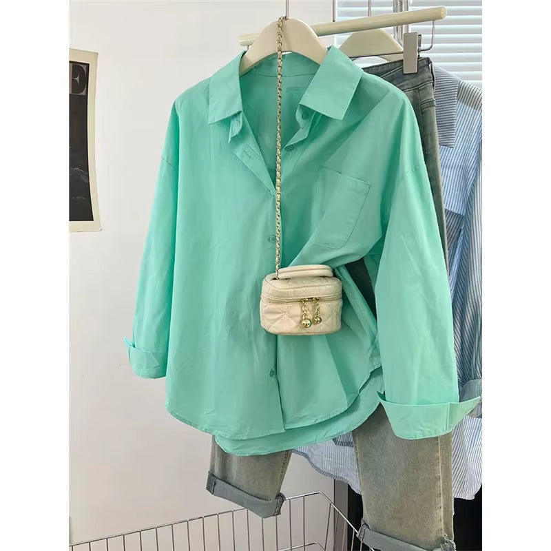 Blue Women'S Shirt Jacket Spring Autumn Loose Long Sleeve Casual Layering Top Small Size Design Sense Pure Color Button Up